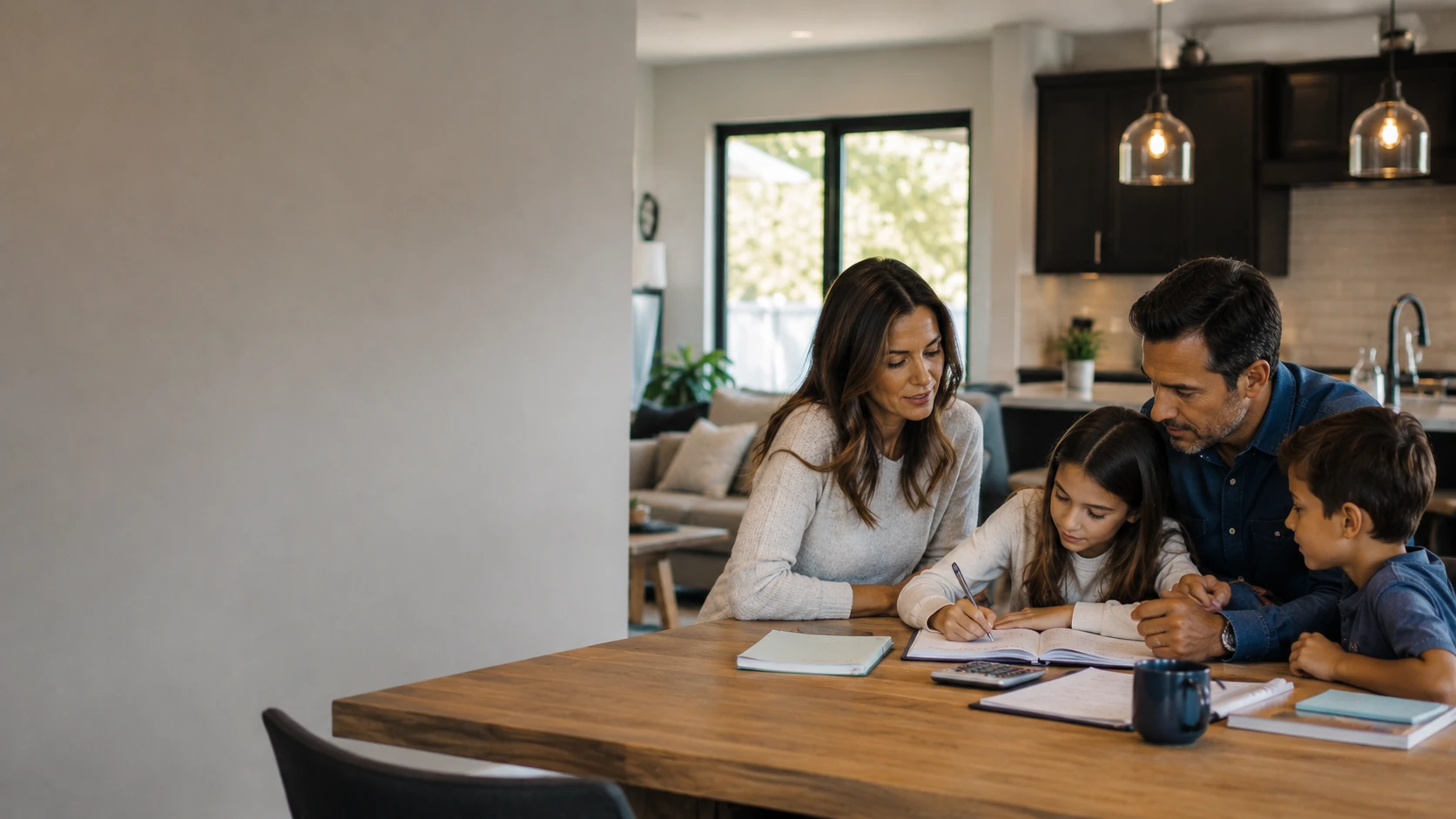 Middle-aged family spending time together around a kitchen table at home.